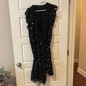 Ann Taylor Black and flowered Midi Wrap Sundress with Plunge Neckline